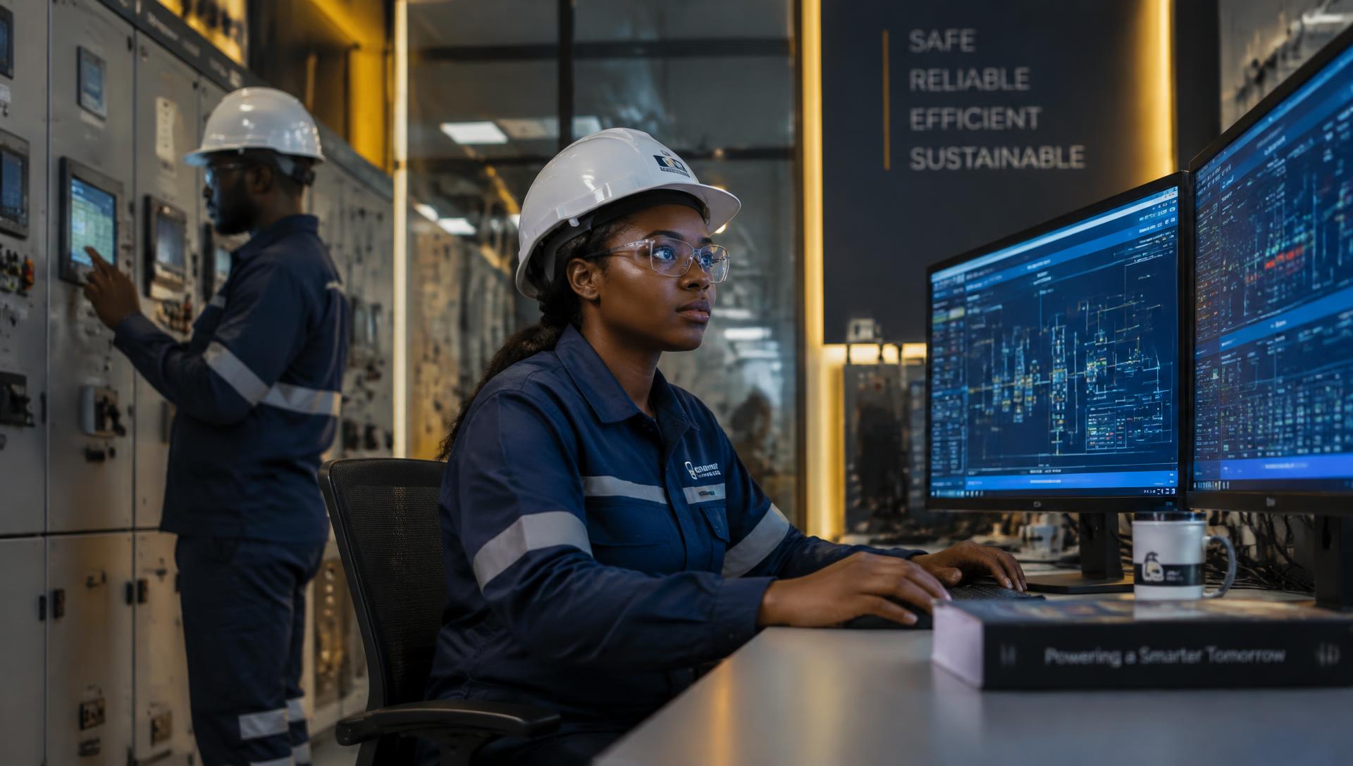 Ingénieurs africains dans un laboratoire électrique moderne avec écrans SCADA